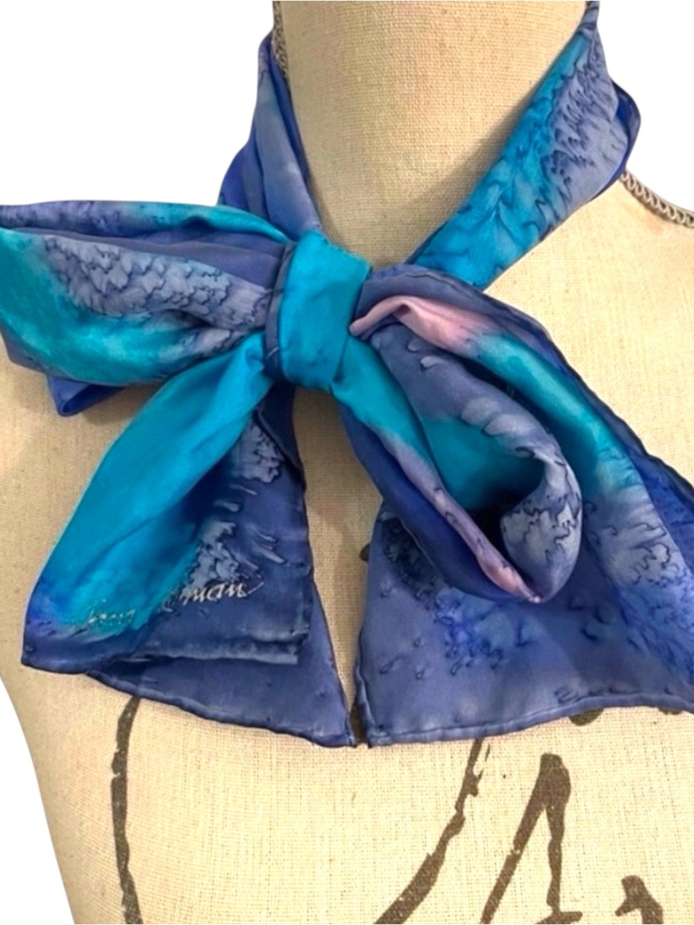 Dana Roman (Signed) Teal/Purple/Pink Hand Painted Tie Dye Silk Tie Scarf